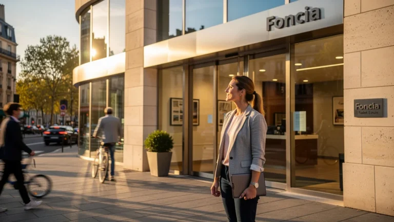 Façade moderne de Foncia Saint Louis avec une femme professionnelle à l'entrée, lumière dorée urbaine réaliste