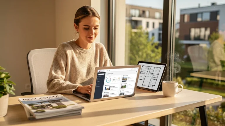 Femme rédactrice immobilière concentrée dans son bureau moderne utilisant git immo au quotidien
