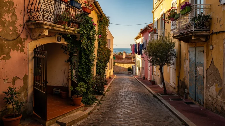 Rue résidentielle typique à Marseille pour investissement locatif avec lumière dorée et ambiance méditerranéenne