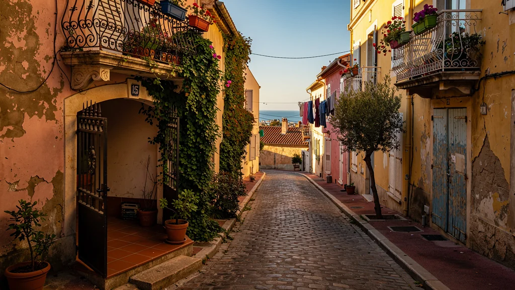 Rue résidentielle typique à Marseille pour investissement locatif avec lumière dorée et ambiance méditerranéenne