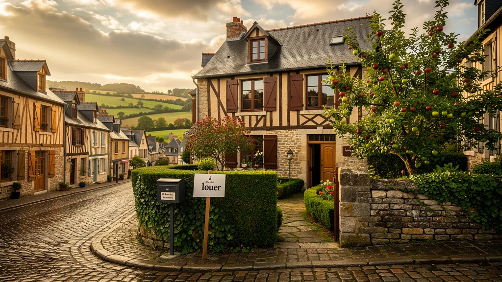Photo réaliste d’une maison en pierre typique du Calvados illustrant un investissement locatif rentable