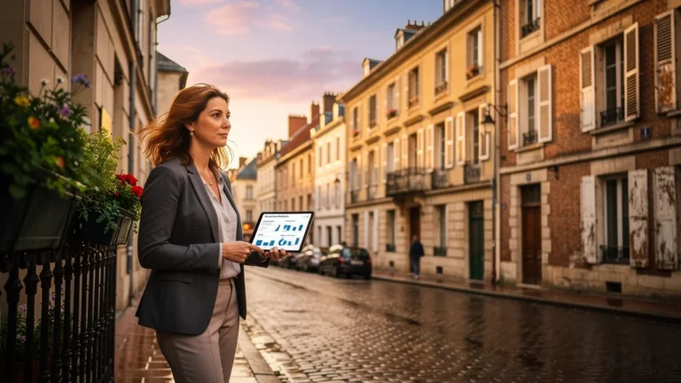 Investissement locatif Dijon : vue réaliste d’un quartier ancien au coucher du soleil avec une jeune femme réfléchie