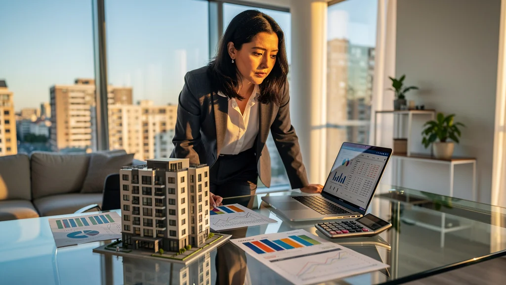 Femme réfléchissant à l'investissement locatif rendement dans un appartement urbain moderne lumineux
