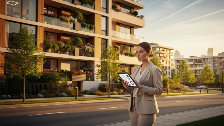 Vue urbaine réaliste d'un immeuble moderne au coucher de soleil illustrant loca investissement immobilier