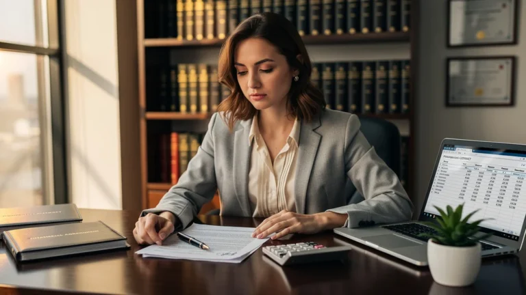 Femme dans un bureau de notaire, visage pensif, symbolisant un apport calculé trop juste en immobilier
