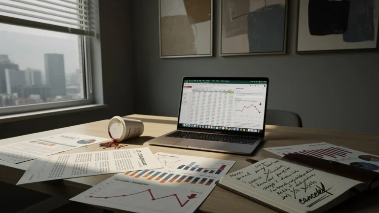 Bureau moderne avec documents financiers et ordinateur illustrant un montage financier trop optimiste perdu