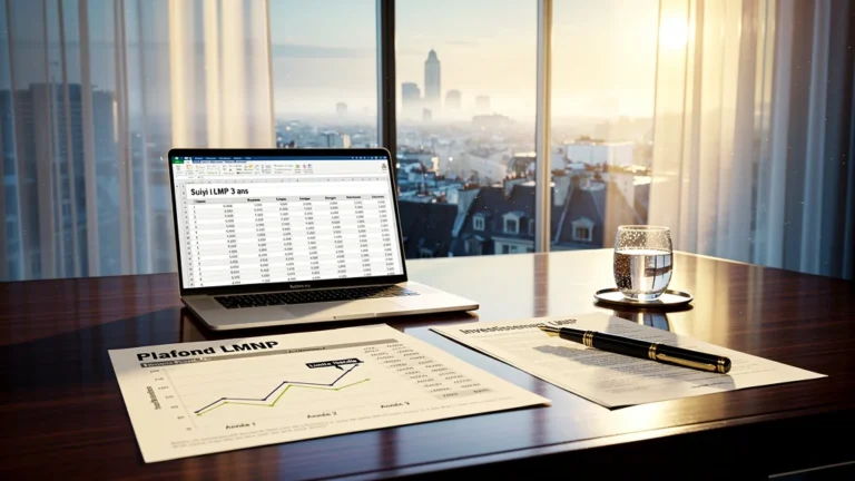 Bureau moderne avec graphiques financiers sur plafond LMNP et vue urbaine au lever du jour