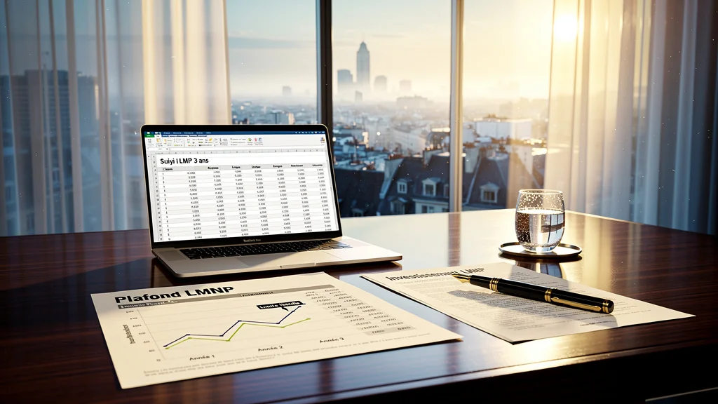 Bureau moderne avec graphiques financiers sur plafond LMNP et vue urbaine au lever du jour