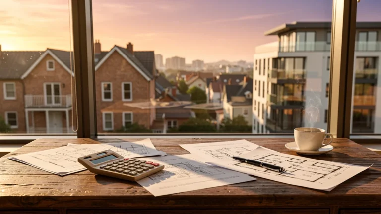 Illustration réaliste symbolisant le déficit foncier en cas de vente immobilière avec documents et vue urbaine