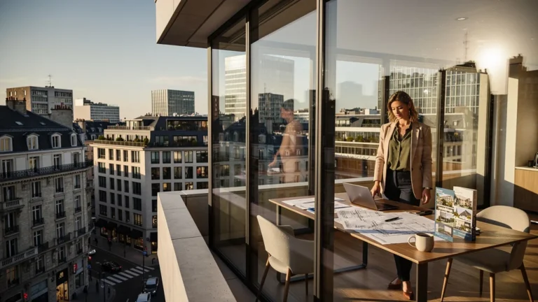 Image réaliste illustrant les avantages et inconvénients de la SCI avec une narratrice femme dans un décor urbain moderne