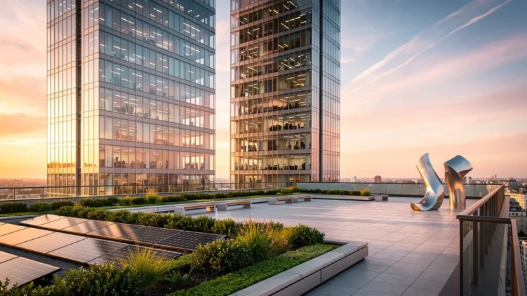 Vue urbaine moderne hyper-réaliste symbolisant la scpi de capitalisation et la croissance du patrimoine immobilier