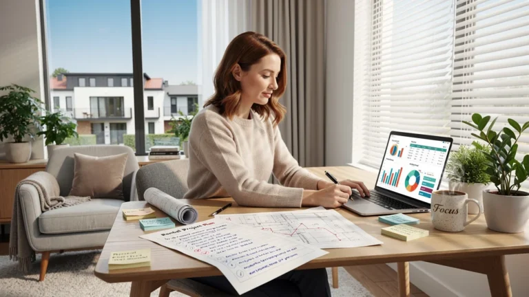 Femme planifiant son projet locatif étape par étape après un premier échec, bureau lumineux et moderne