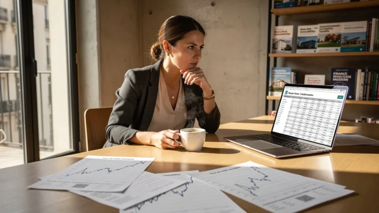 Femme journaliste immobilière analysant les taux banque postale crédit immobilier avant choix crucial