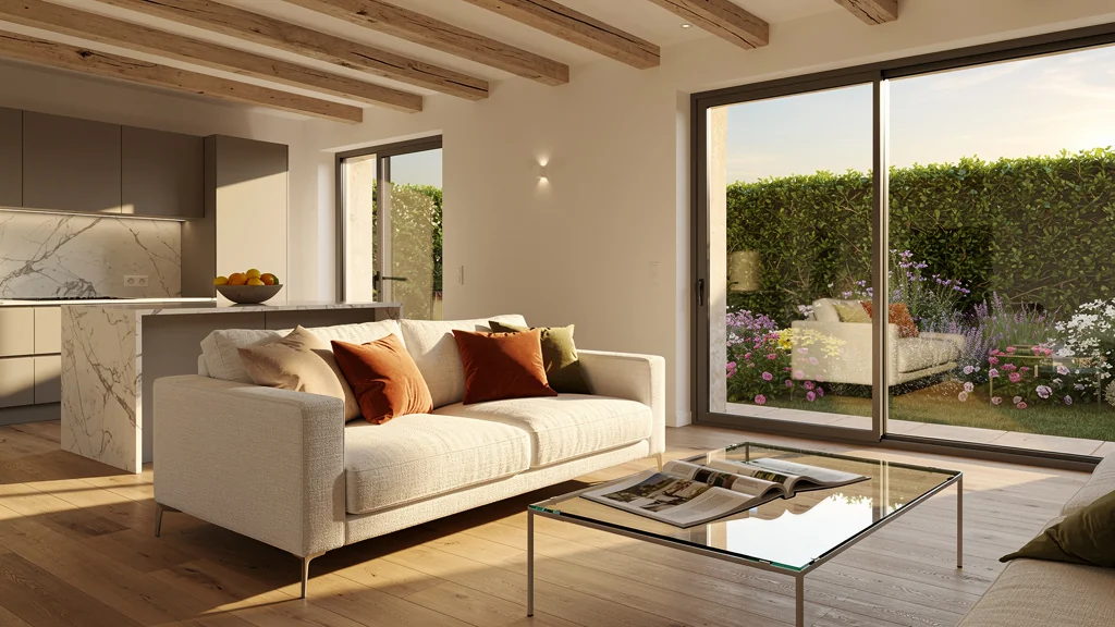 Intérieur lumineux et moderne d’un logement en Vendée baigné de lumière naturelle, ambiance chaleureuse et élégante